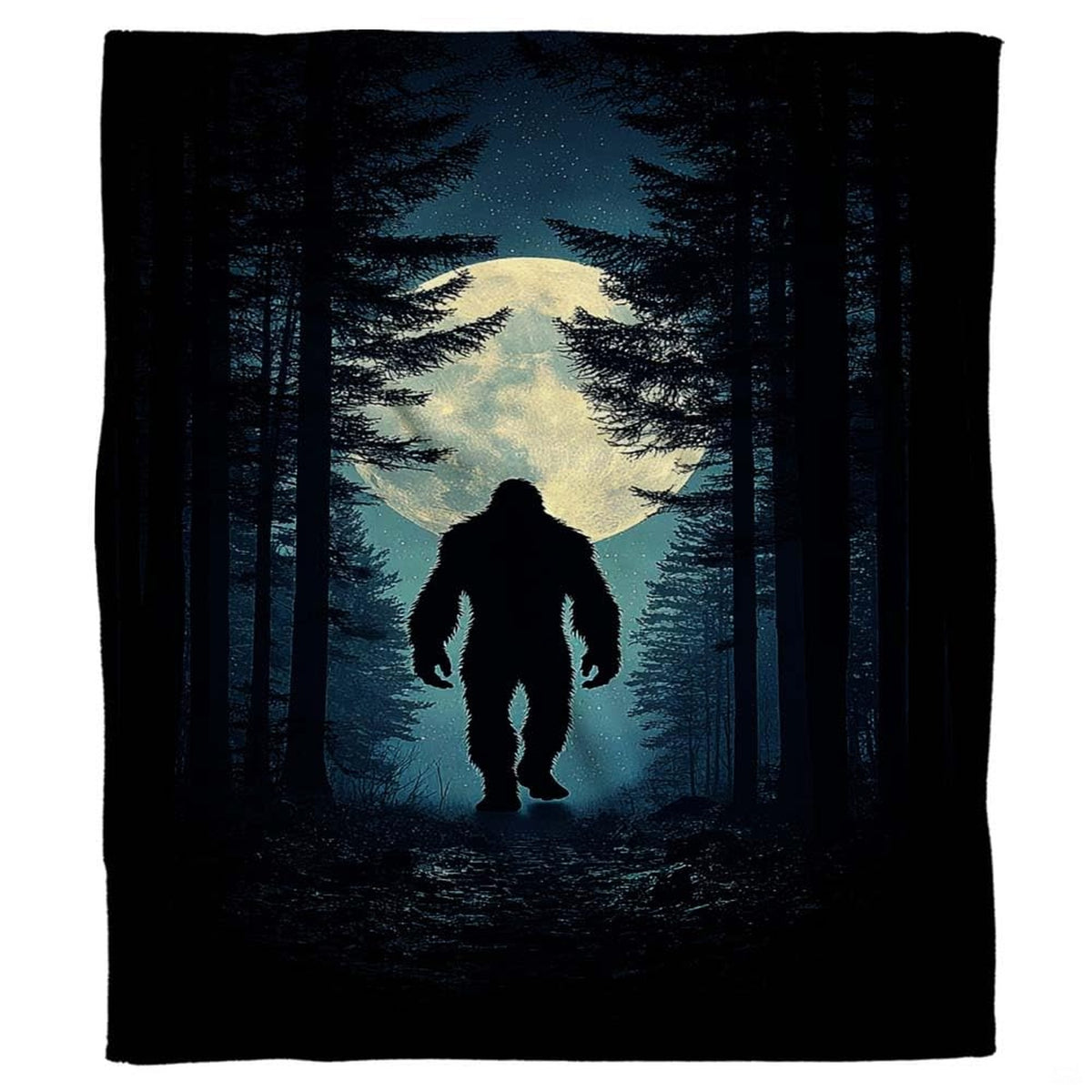 Cryptid folklore illustration of Bigfoot walking along a forest path against a luminous moon.