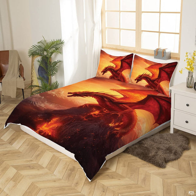 Front view of red dragon bedding displaying expansive mythical wings and glowing molten lava.