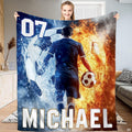 Fire and water soccer ball bedding set featuring athletic player silhouette with flame and splash graphics.