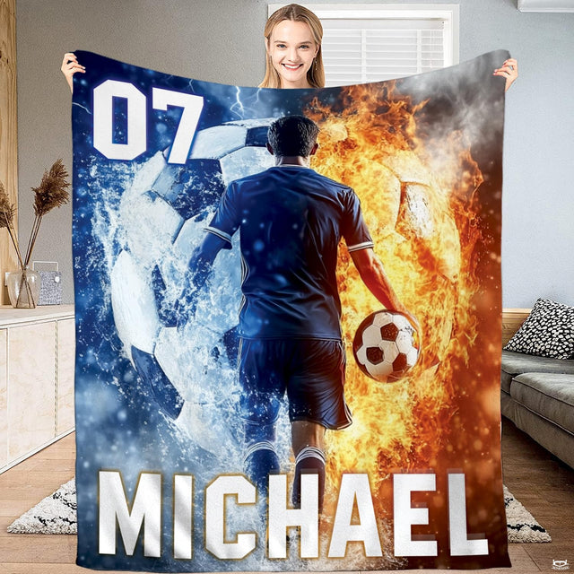 Fire and water soccer ball bedding set featuring athletic player silhouette with flame and splash graphics.