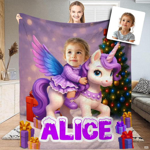 Holiday winged unicorn fantasy throw blanket featuring purple pegasus, decorated tree, and gift boxes