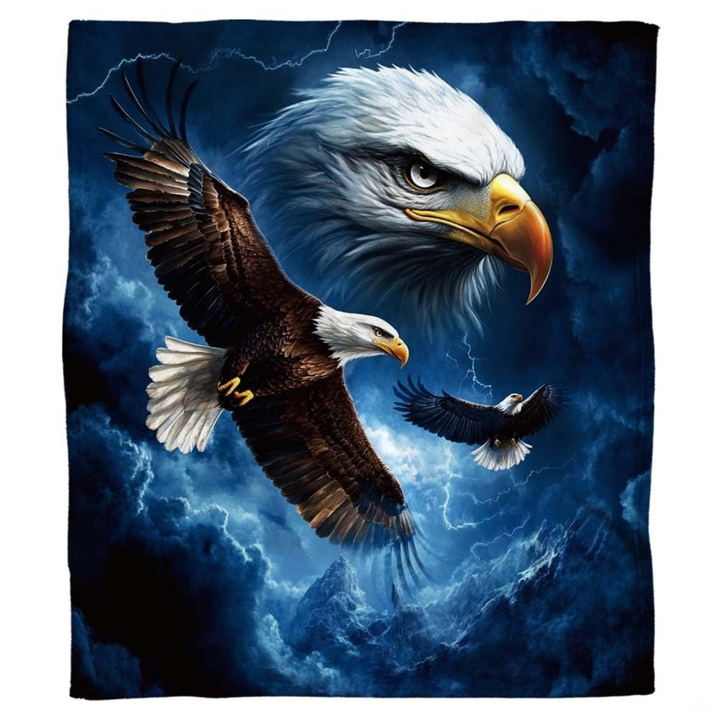 Close-up artwork of a fierce eagle head with golden beak on stormy blue bedding decor.