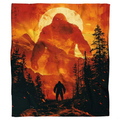 Fiery Bigfoot Sasquatch towering over mountain ridges and pine trees, view 7.