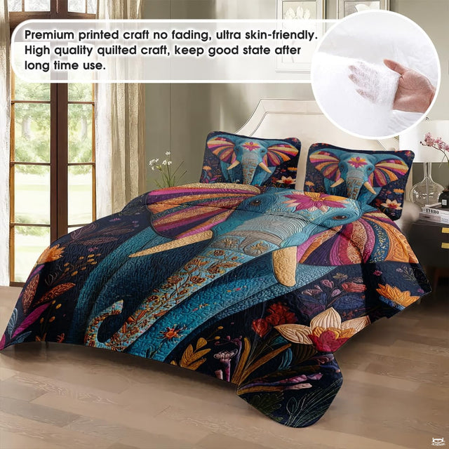Top angle perspective of elephant patchwork bedding highlighting detailed floral medallions and geometric tile borders.