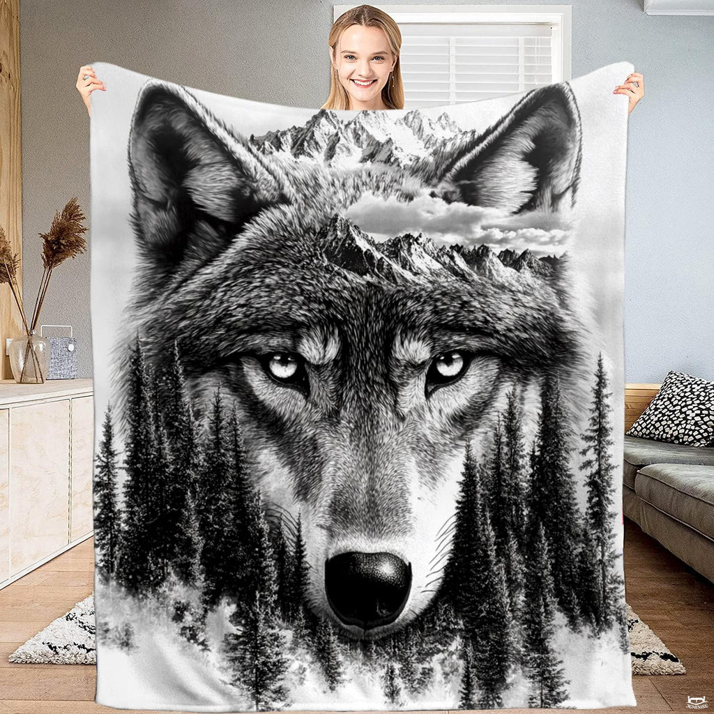 Monochromatic wolf bedroom decor bedding set displaying double exposure alpine mountain forest artwork.