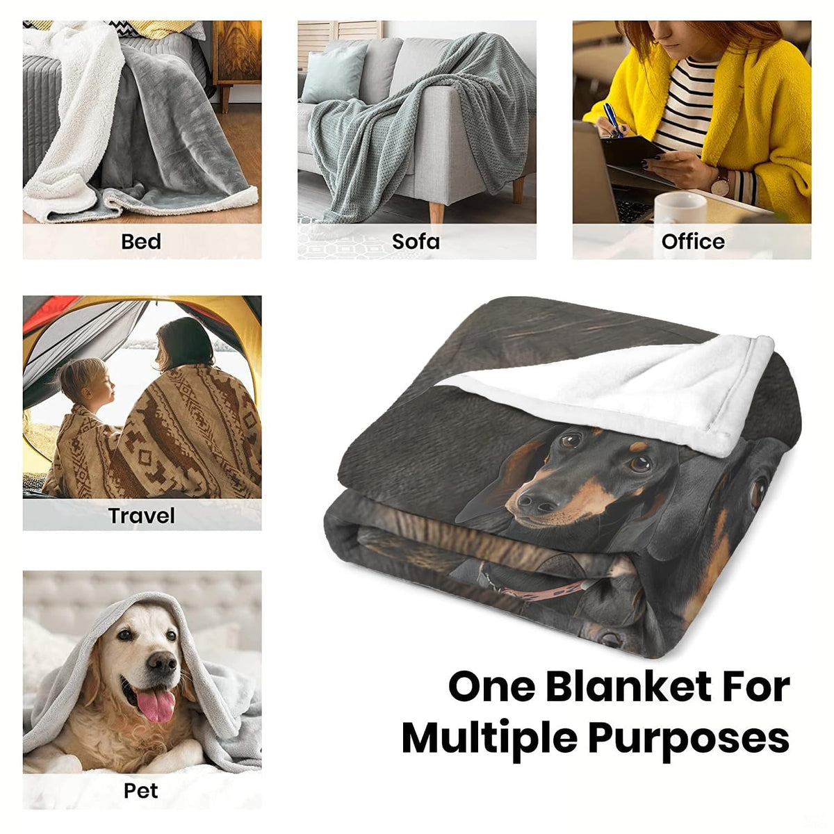 Close view of folded edge finish on Rottweiler dog blanket