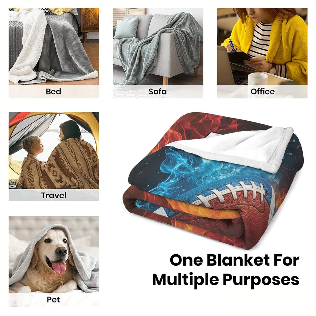 Infographic showing diverse versatile uses for folded elemental football throw blanket
