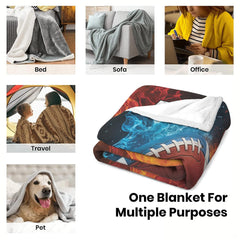 Infographic showing diverse versatile uses for folded elemental football throw blanket