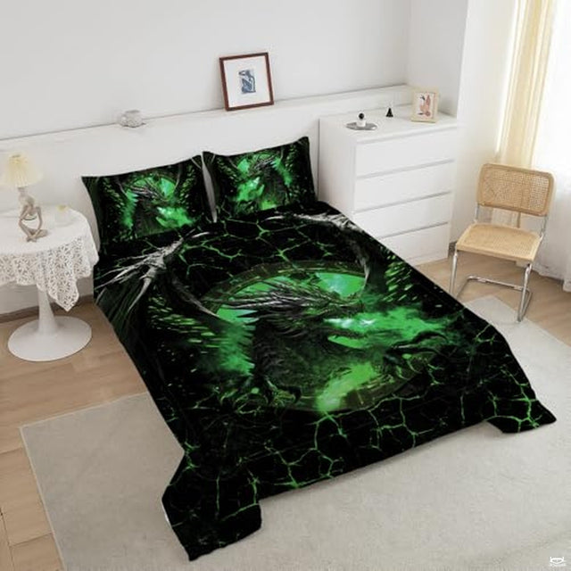 Angled bedroom view highlighting glowing green dragon bedding with matching printed pillow shams.