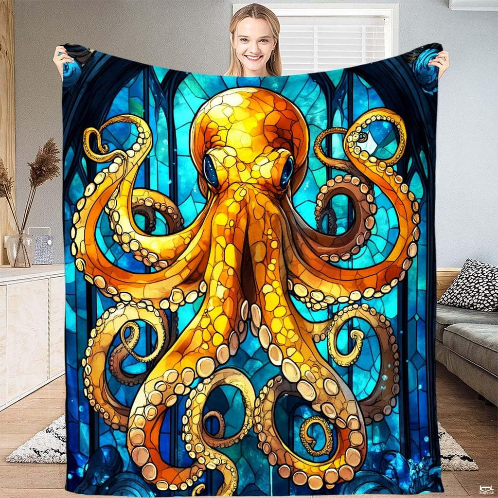 Stained glass golden octopus and gothic cathedral window throw blanket
