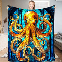 Stained glass golden octopus and gothic cathedral window throw blanket