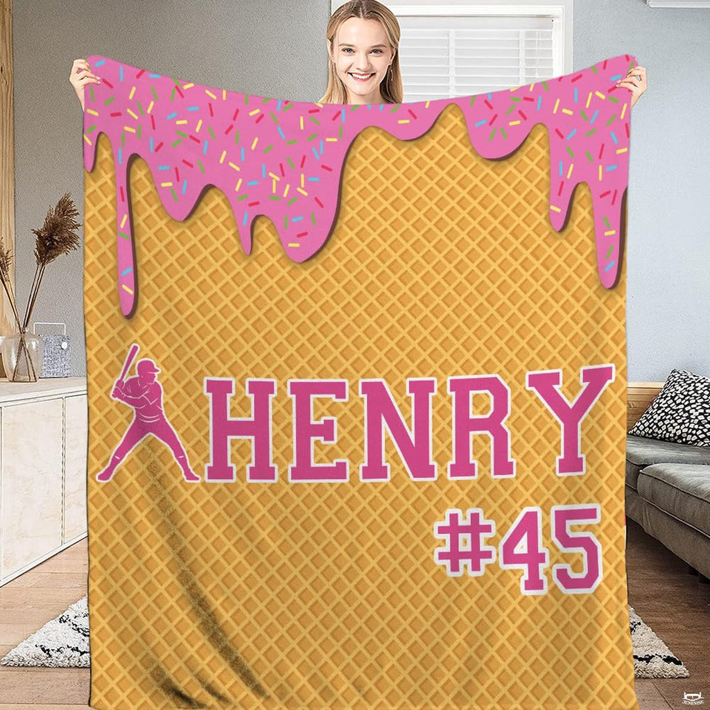 Ice cream baseball bedding set showcasing waffle cone backdrop, pink frosting drips, and batter silhouette.