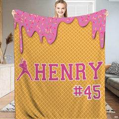 Ice cream baseball bedding set showcasing waffle cone backdrop, pink frosting drips, and batter silhouette.
