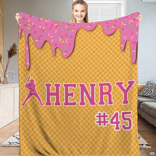 Ice cream baseball bedding set showcasing waffle cone backdrop, pink frosting drips, and batter silhouette.