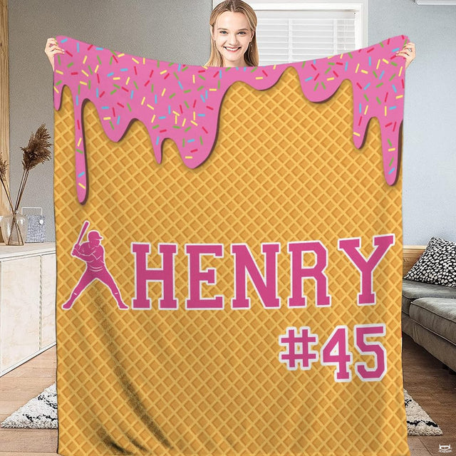 Ice cream baseball bedding set showcasing waffle cone backdrop, pink frosting drips, and batter silhouette.