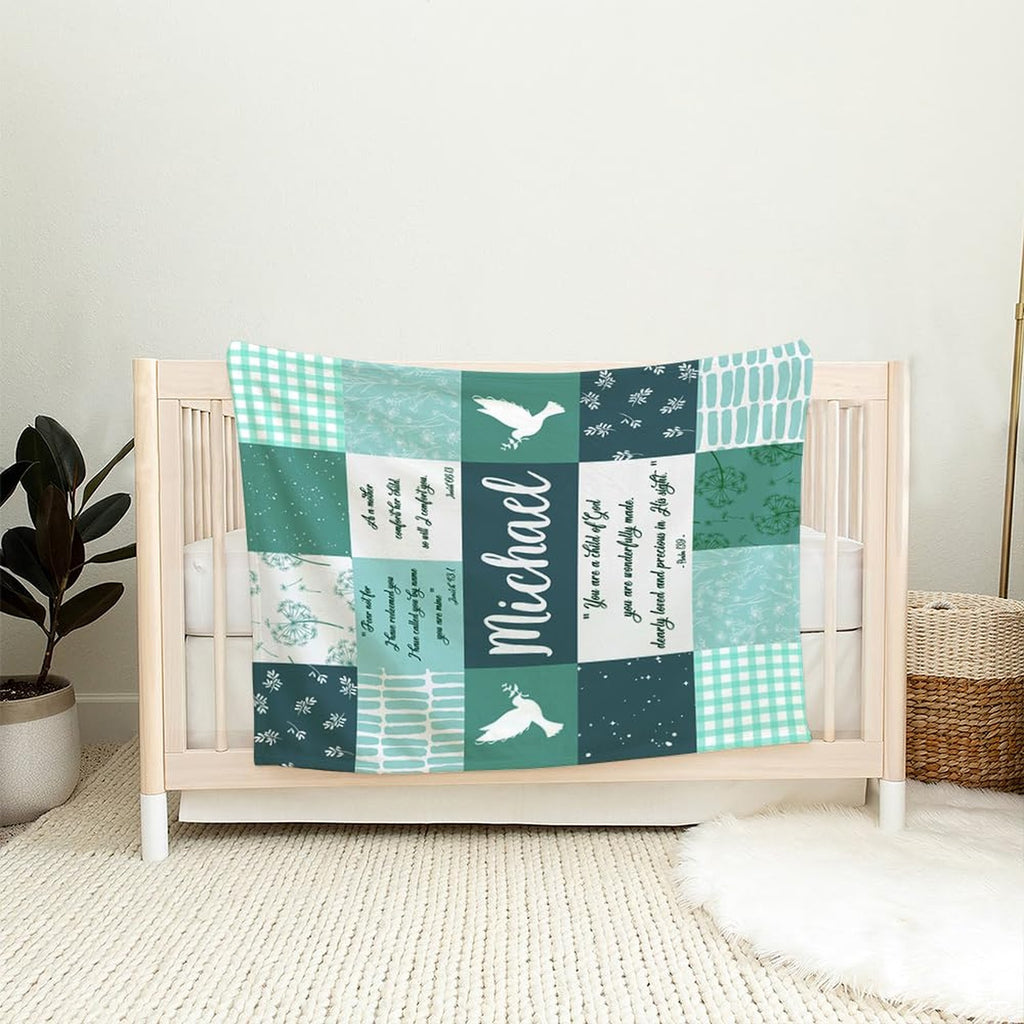 Peace dove sage green gingham blanket detail of dove and gingham artwork
