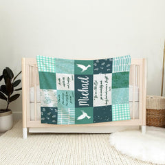 Peace dove sage green gingham blanket detail of dove and gingham artwork
