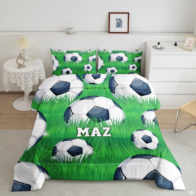 Vibrant green soccer turf pattern featuring black and white ball graphics and subtle sparkle details.