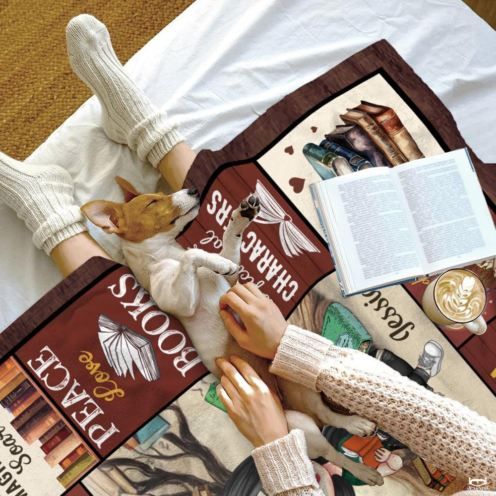 Personalized Black Hair Reading Girl with Bookshelf Throw Blanket