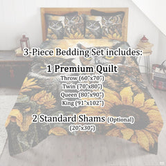 Full bedroom display of tawny barn owl bedding styled with natural timber and rustic forest accents