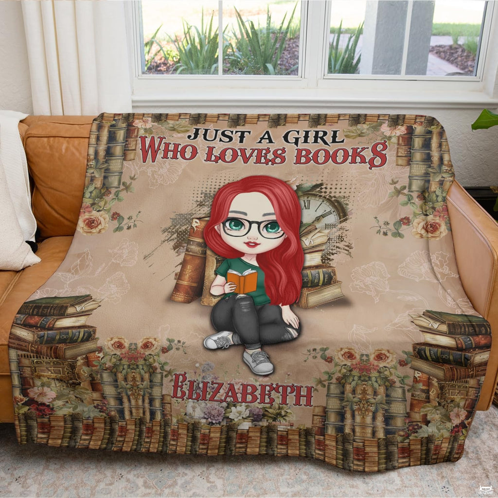 Cartoon red-haired girl with glasses reading among vintage book borders, view 6.