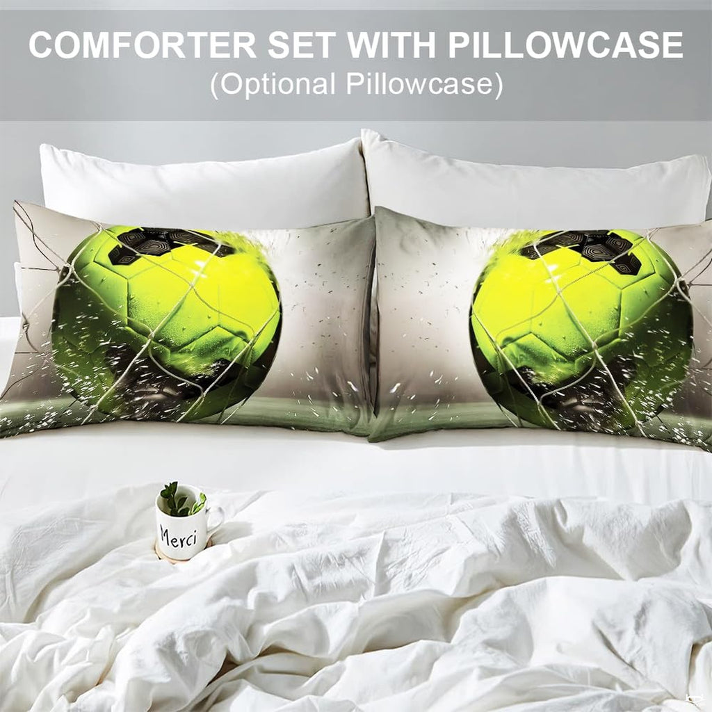 Matching pillow sham detail for neon soccer bedding set showcasing glowing ball graphics in bedroom setting
