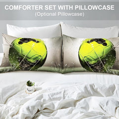 Matching pillow sham detail for neon soccer bedding set showcasing glowing ball graphics in bedroom setting
