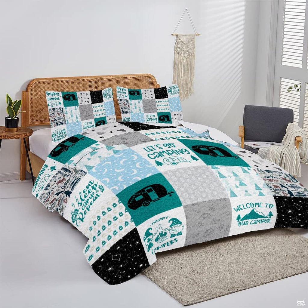 Rustic bedroom styled with turquoise and grey thematic accent trailer bed cover decor under starry night skies.