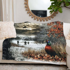 Dramatic winter painting of ringneck pheasant in frosty marsh with distant hunters, view 4.