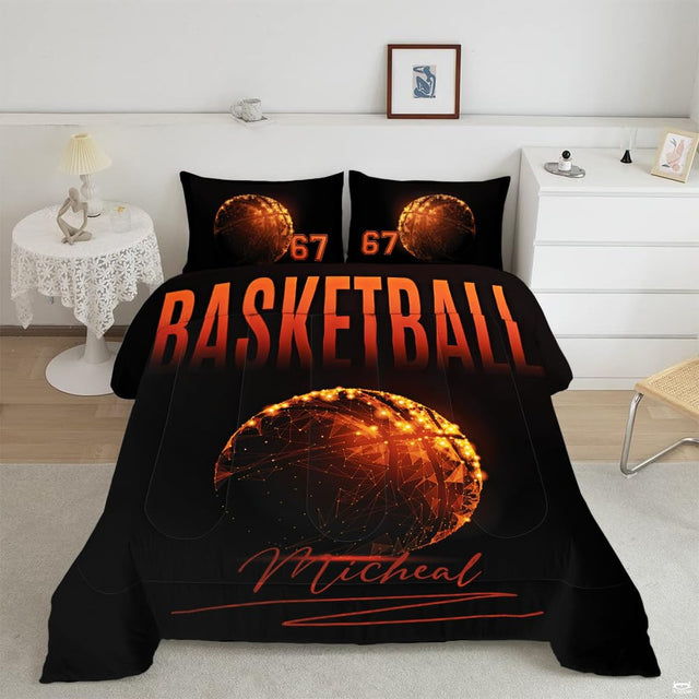 Neon orange basketball sports arena bedding set displayed on a bed in an athletic themed bedroom