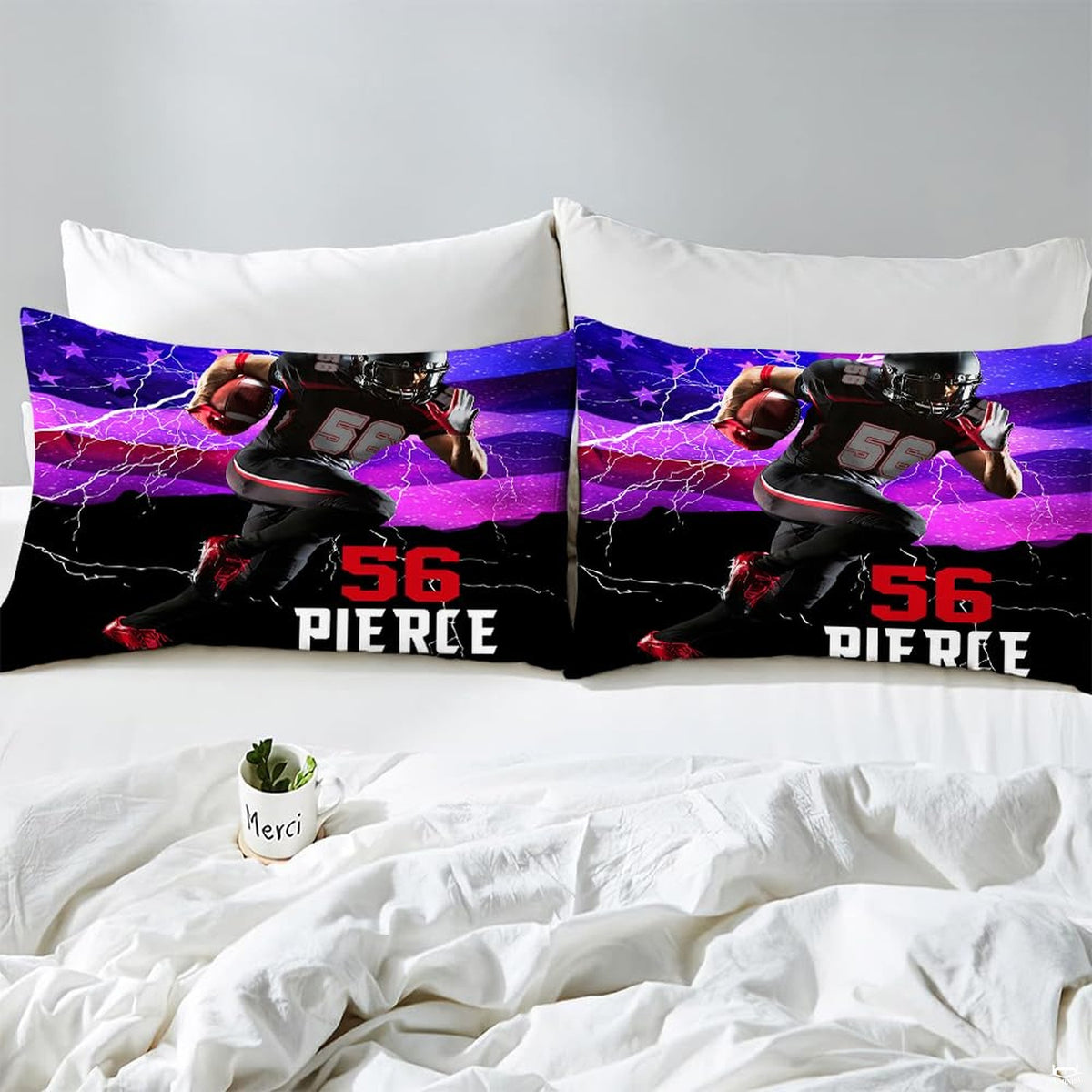 Matching pillowcase detail for athletic bedding set showcasing footballer artwork and jersey numbering