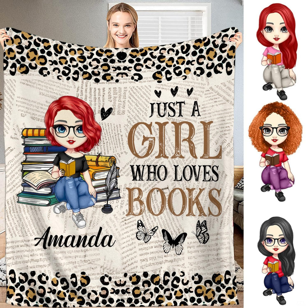 Front view of leopard newsprint reader girl throw blanket showing bookstack and butterfly artwork.