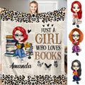 Front view of leopard newsprint reader girl throw blanket showing bookstack and butterfly artwork.
