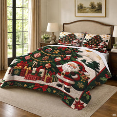 Santa Claus bedtime story aesthetic bedding set with cheerful Santa and holiday tree design.