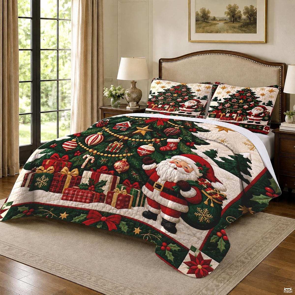 Santa Claus bedtime story aesthetic bedding set with cheerful Santa and holiday tree design.