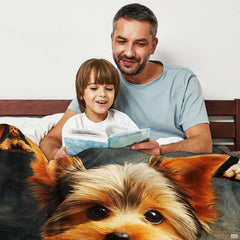 Yorkshire Terrier four corner puppy throw blanket styled over a contemporary living room sofa
