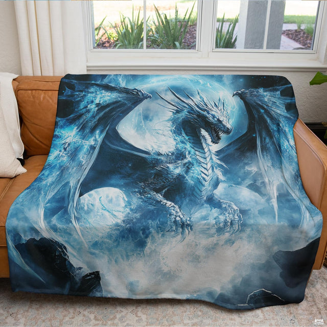 Glacial ice dragon throw blanket draped across a modern living room couch