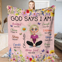 Inspirational floral throw blanket displayed upright with pastel botanical meadow flowers and butterflies
