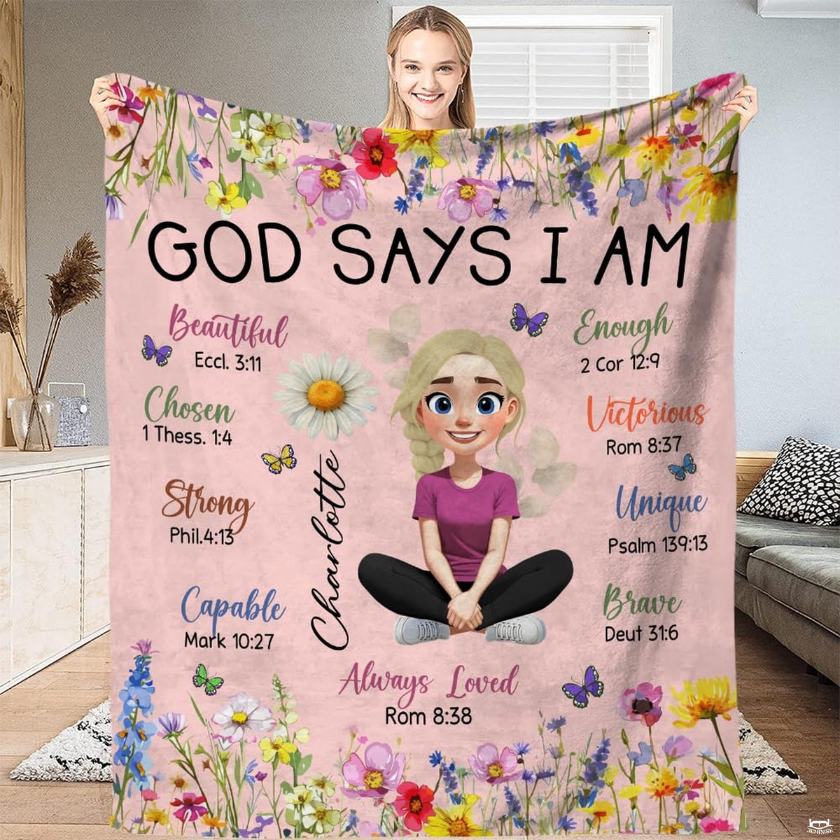 Inspirational floral throw blanket displayed upright with pastel botanical meadow flowers and butterflies
