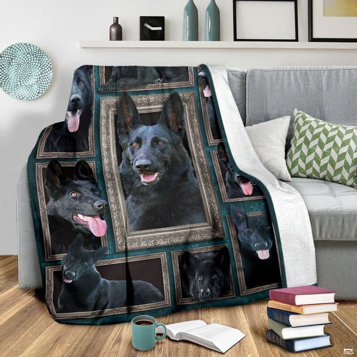 Overhead perspective of dog portrait art set with deep teal background flourishes