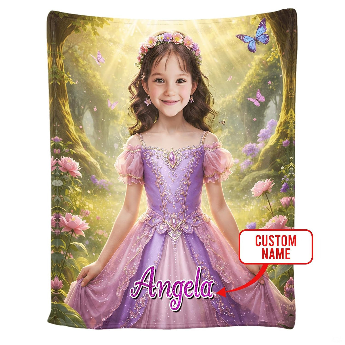 Close up view of flower crown, violet gown embroidery, and golden forest sunbeam artwork.