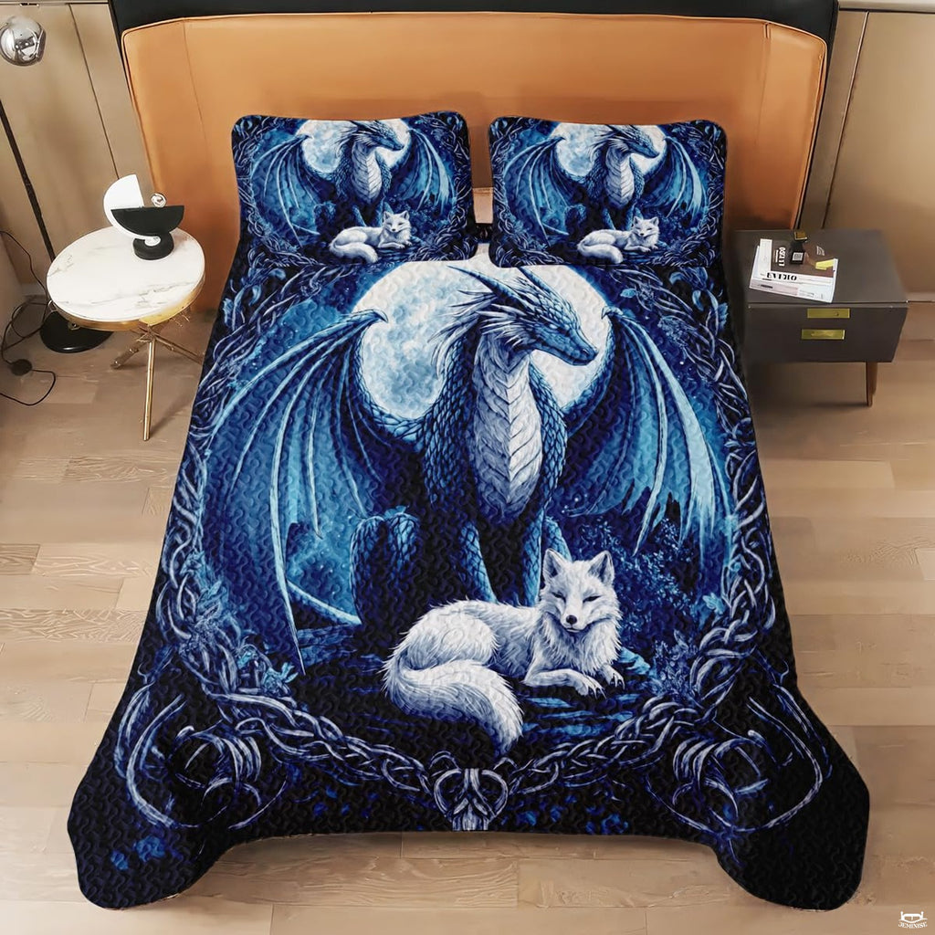 Overhead view of moonlit dragon and white fox artwork