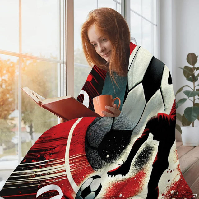 Soccer player action sports throw blanket view 2 detailing player silhouette and speed halos