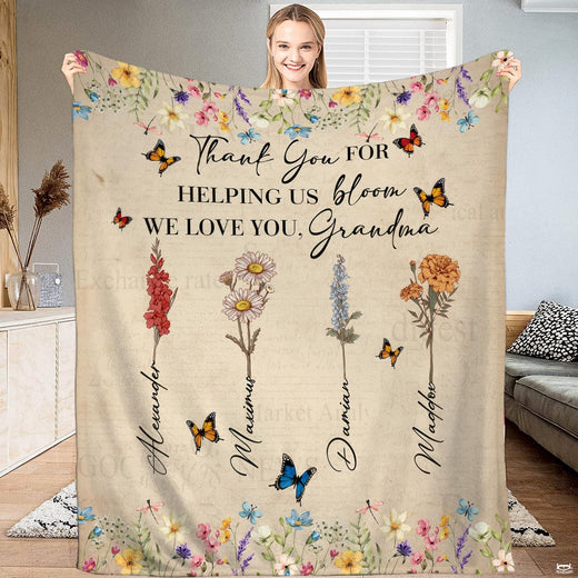 Helping Us Bloom Grandma flower throw blanket held open by woman