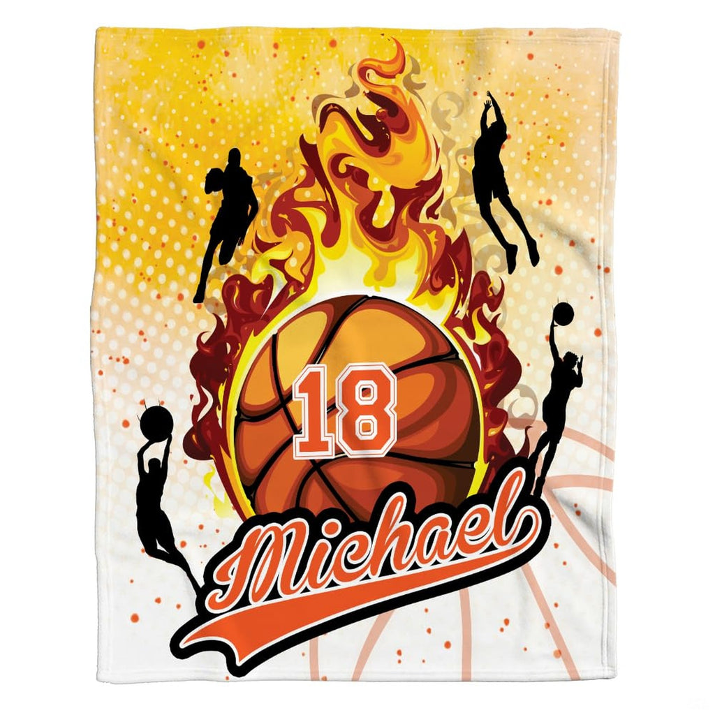 Fiery basketball bedding set featuring flaming graphics and player silhouettes on amber yellow halftone pattern.