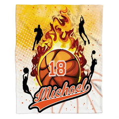 Fiery basketball bedding set featuring flaming graphics and player silhouettes on amber yellow halftone pattern.