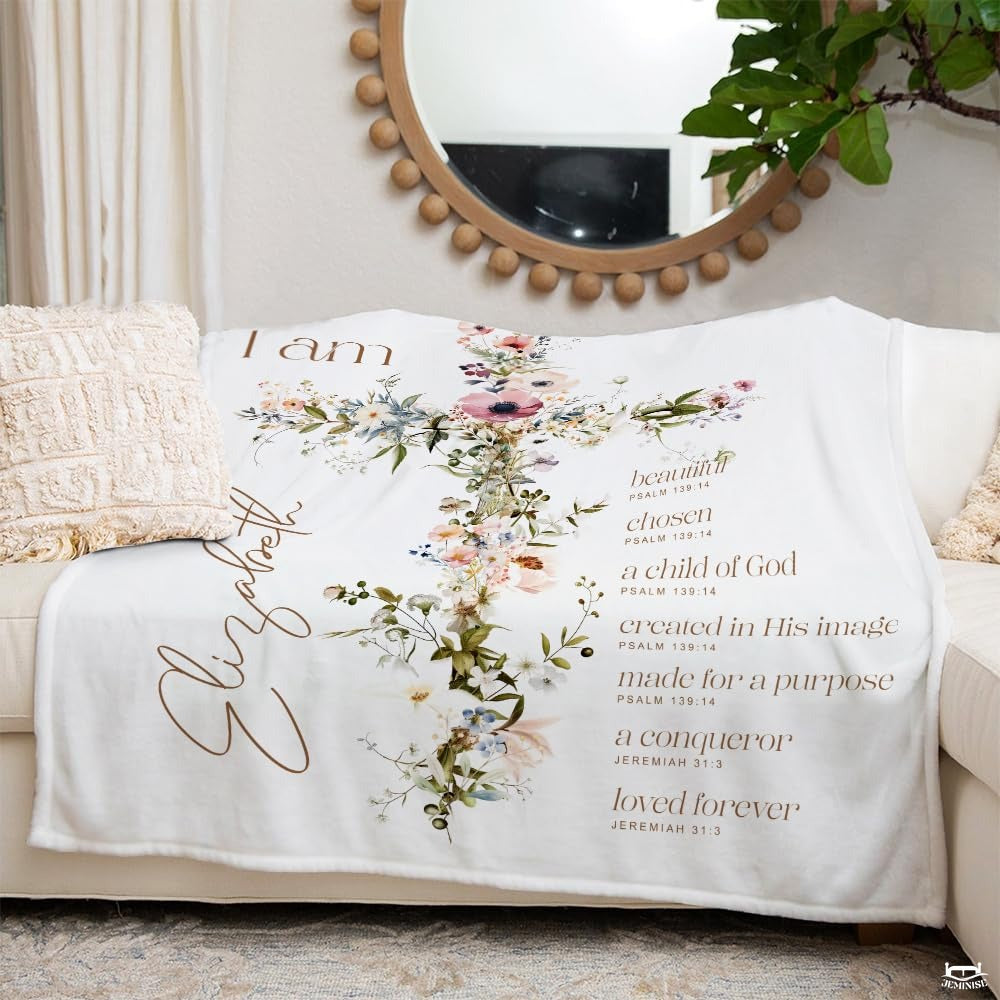 Personalized Floral Cross Christian Affirmation Blanket, Lightweight