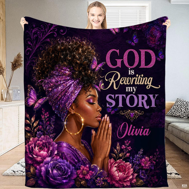 Model holding open the devotional praying woman throw blanket.
