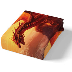 Top-thematic accent perspective of red dragon bedding illustrating sharp mountain spires and lava flows.