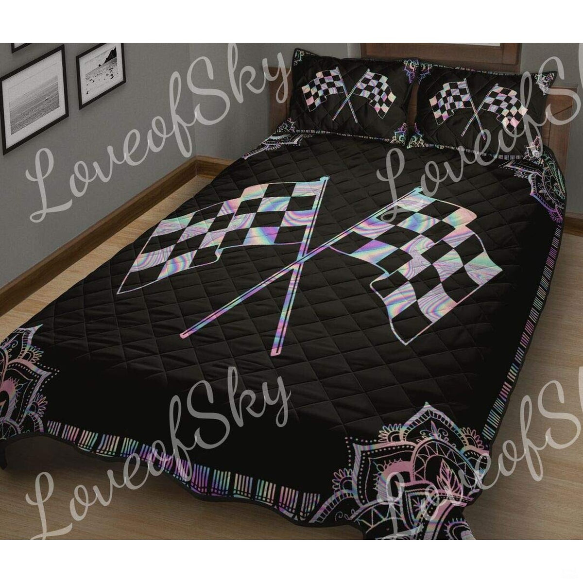 Close-up perspective of racing bedding highlighting iridescent sprint car artwork and prismatic color effects
